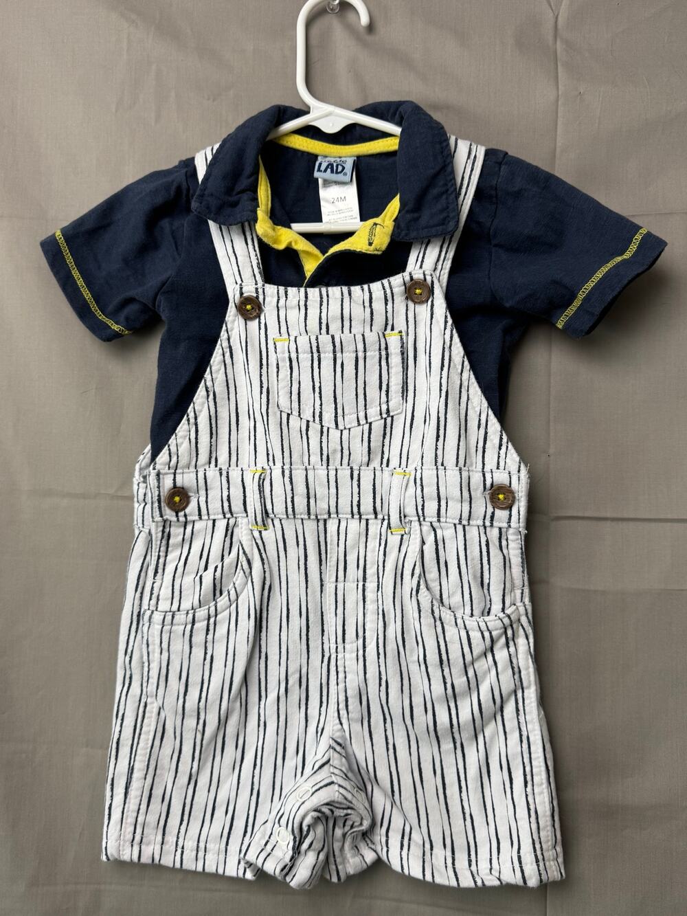 Little Lad Toddler Boy Striped Shorts Overalls and Blue Shirt, Size 24 months